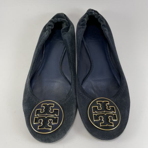 Tory Burch Reva Ballet Flats Shoes Navy Suede Womens Size 7 Slip On Gold Logo - Picture 1 of 9